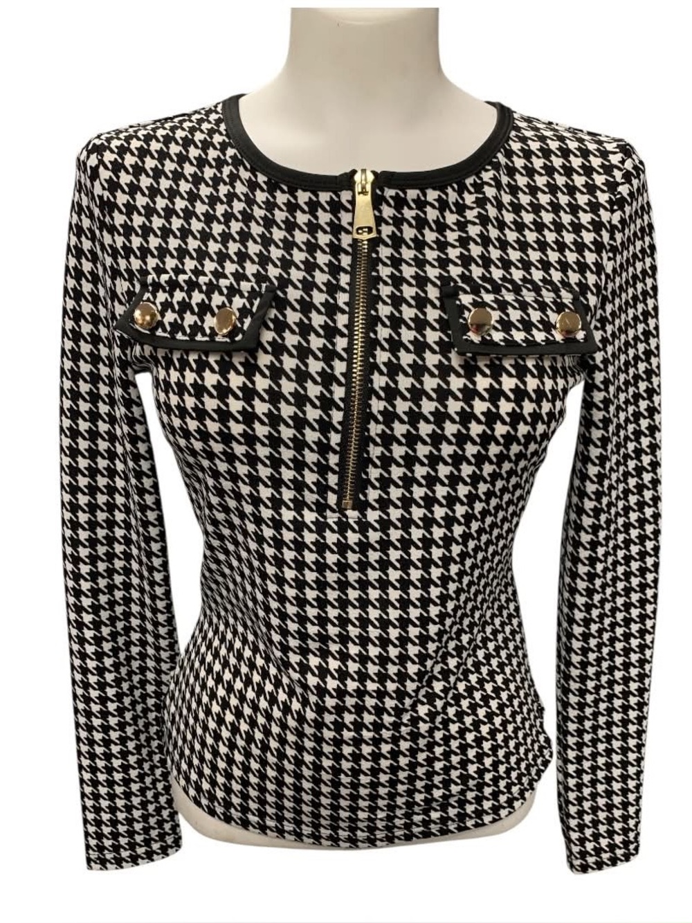 Chic Me Black & White Houndstooth Zip-Front Knit Top Size M